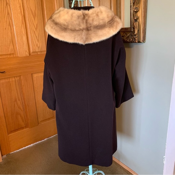 Vintage 1950s Mid-century wool swing coat brown with mink collar No Tags - Picture 3 of 16